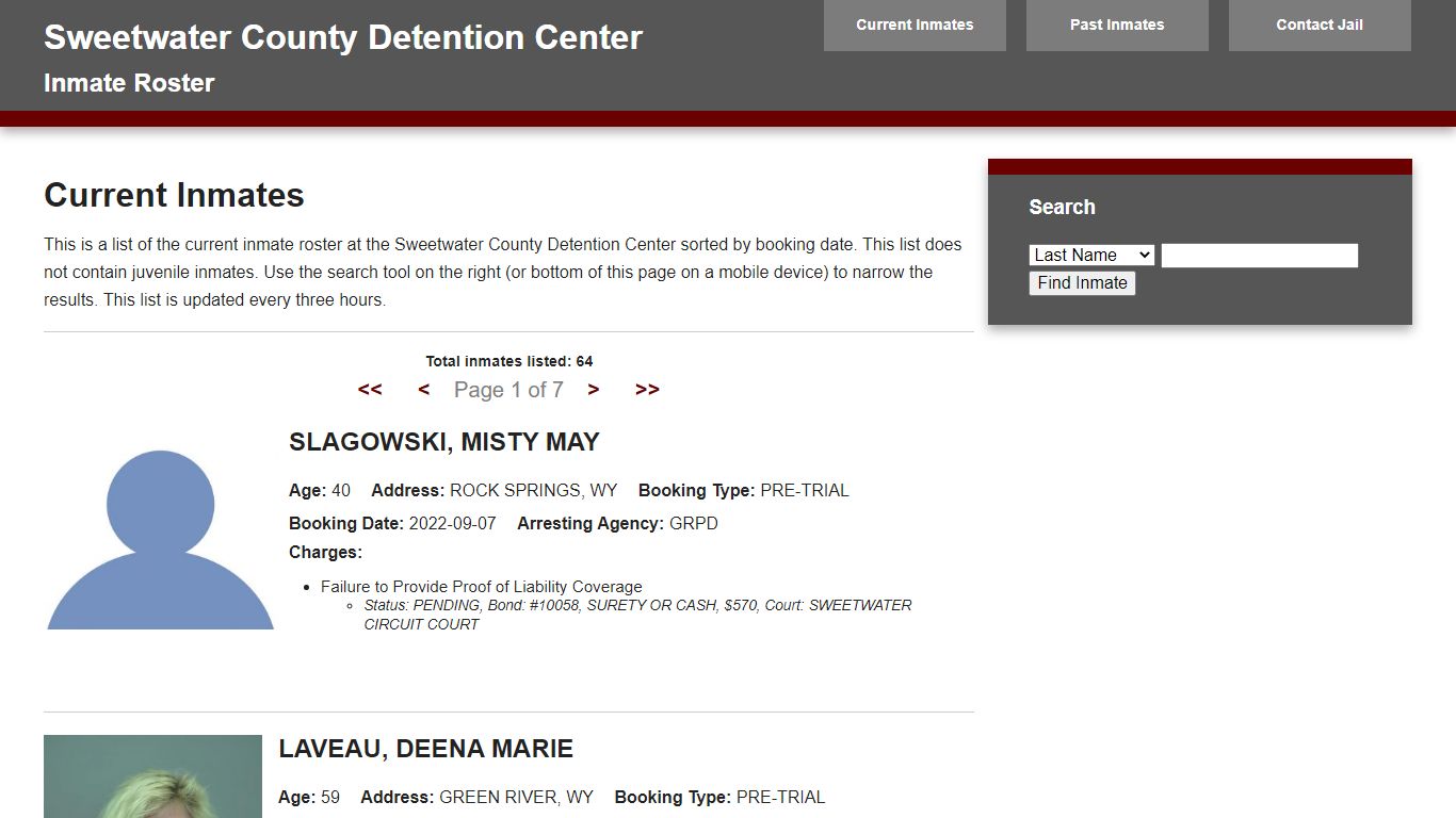 Jail Roster - Sweetwater Combined Communications Joint Powers Board